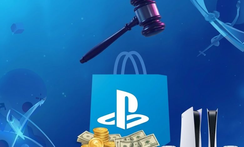 شعار بلايستيشن مع رمز تعويضات مالية وأجهزة PlayStation 5.