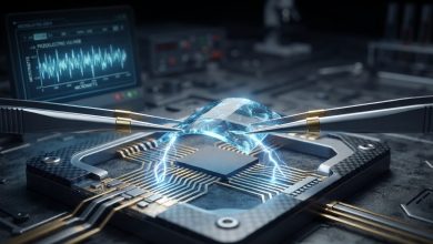 لقطة مقربة مخبرية تُظهر أغشية ألماس فائقة الرقة ومرنة يتم ثنيها بواسطة ملقط دقيق لتوليد شرارات كهربائية زرقاء على لوحة دوائر إلكترونية.