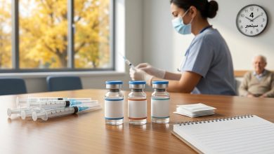 عبوات لقاحات وقائية ومحاقن على طاولة في العيادة لمواجهة الفيروسات التنفسية الموسمية في الخريف.