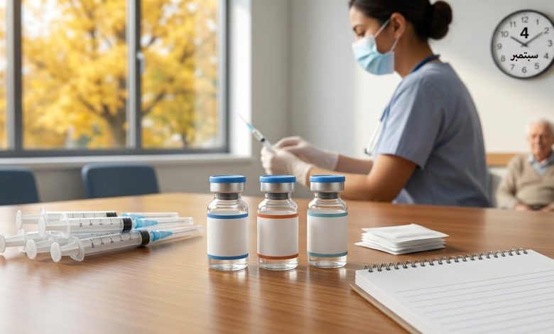 عبوات لقاحات وقائية ومحاقن على طاولة في العيادة لمواجهة الفيروسات التنفسية الموسمية في الخريف.