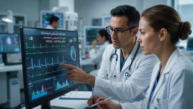 طبيبان في عيادة قلب متقدمة يحللان مخطط رسم قلب على شاشة رقمية تظهر تحليل الذكاء الاصطناعي واكتشاف اعتلال عضلة القلب بدقة 93%. (وصف دقيق، يتضمن الكلمات المفتاحية بشكل طبيعي، ومناسب لسهولة الوصول).