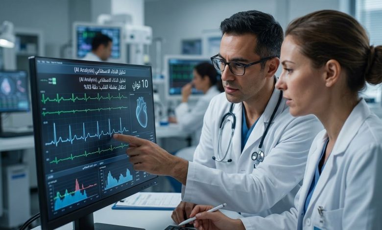 طبيبان في عيادة قلب متقدمة يحللان مخطط رسم قلب على شاشة رقمية تظهر تحليل الذكاء الاصطناعي واكتشاف اعتلال عضلة القلب بدقة 93%. (وصف دقيق، يتضمن الكلمات المفتاحية بشكل طبيعي، ومناسب لسهولة الوصول).