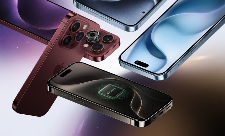 تصميم تخيلي مسرب لهاتف iPhone 18 Pro يظهر تقليص Dynamic Island، وكاميرا بفتحة متغيرة، ومعالج A20 Pro بمعمارية 2 نانومتر، بالألوان العنابي والأزرق الفاتح.
