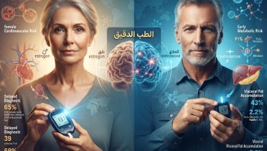 رسم بياني طبي يوضح الفروق الجندرية في مرض السكري بين رجل وامرأة، مع التركيز على المخاطر القلبية للنساء ومشاكل الدهون الحشوية للرجال.