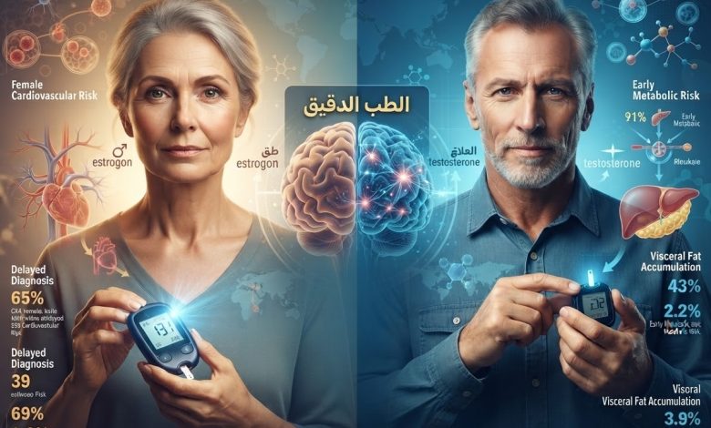 رسم بياني طبي يوضح الفروق الجندرية في مرض السكري بين رجل وامرأة، مع التركيز على المخاطر القلبية للنساء ومشاكل الدهون الحشوية للرجال.