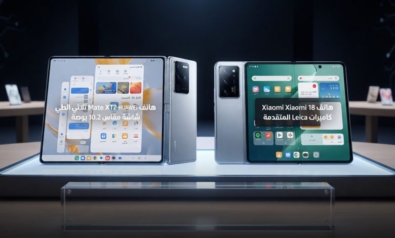 هاتفا Huawei Mate XT2 ثلاثي الطي وXiaomi 18 Fold المعروضين على منصة عرض تقنية حديثة.
