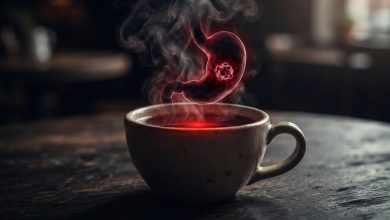 كوب من الشاي الأسود الساخن يتصاعد منه البخار ويشكل شكلاً خفياً لسرطان المريء.