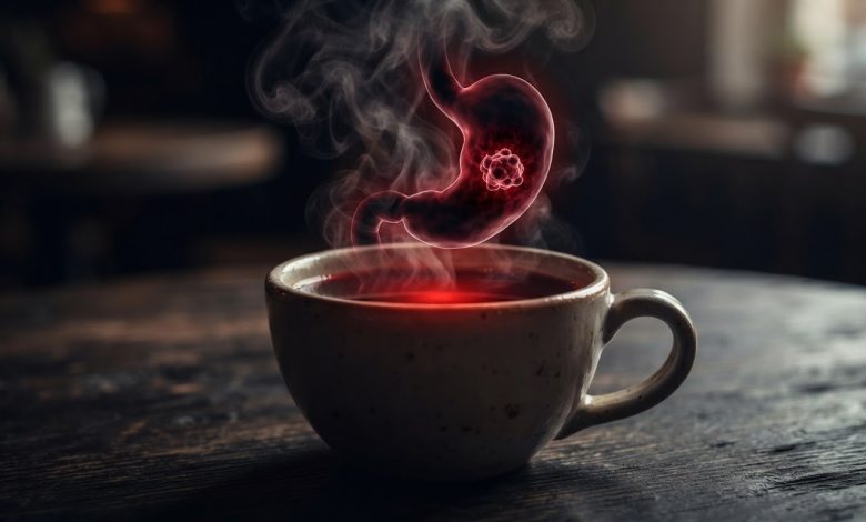 كوب من الشاي الأسود الساخن يتصاعد منه البخار ويشكل شكلاً خفياً لسرطان المريء.
