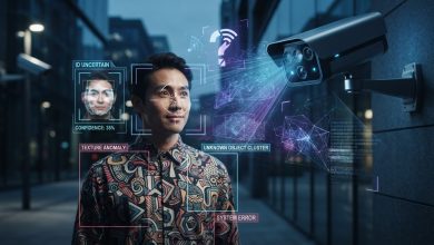 كاميرا مراقبة ذكية تعرض واجهة تحليل بيانات رقمية مرتبكة وغير دقيقة أمام رجل يرتدي قميصاً بنقوش تجريدية معقدة، وتظهر رسائل خطأ وعدم يقين.
