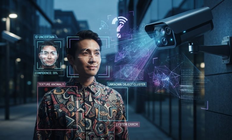 كاميرا مراقبة ذكية تعرض واجهة تحليل بيانات رقمية مرتبكة وغير دقيقة أمام رجل يرتدي قميصاً بنقوش تجريدية معقدة، وتظهر رسائل خطأ وعدم يقين.