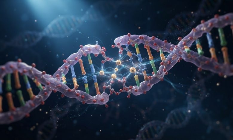 تصوير توضيحي لجزيئي DNA وهما يتقاربان ويتشابكان بمساعدة أيونات المعادن