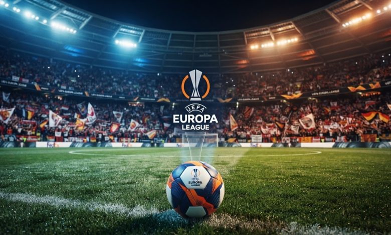 شعار الدوري الأوروبي UEFA Europa League يظهر في أجواء ملعب كرة قدم أوروبي خلال منافسات البطولة، مع مدرجات مضاءة وأجواء جماهيرية حماسية.