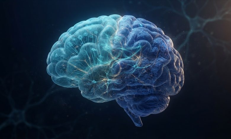صورة ثلاثية الأبعاد لدماغ بشري توضح تطور منطقتين عصبيتين مختلفتين تمثلان أصلين خلويين منفصلين للدماغ الأمامي والأوسط والدماغ الخلفي وجذع الدماغ