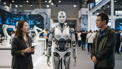روبوت بشري متطور يقف بين شخصين داخل معرض تكنولوجي في الصين، في مشهد يبرز تطور صناعة الروبوتات البشرية والتكنولوجيا الحديثة والاهتمام المتزايد بالروبوتات الذكية.