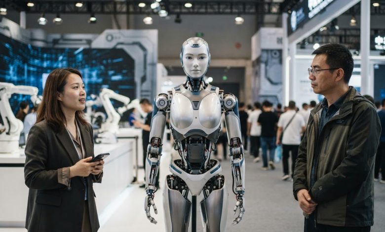 روبوت بشري متطور يقف بين شخصين داخل معرض تكنولوجي في الصين، في مشهد يبرز تطور صناعة الروبوتات البشرية والتكنولوجيا الحديثة والاهتمام المتزايد بالروبوتات الذكية.