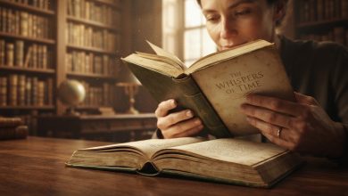 شخص يشم صفحات كتاب قديم مفتوح داخل مكتبة دافئة، في مشهد يوضح سر انجذاب بعض القراء إلى رائحة الكتب وعلاقة رائحة الصفحات بالذكريات والمشاعر.