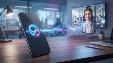 هاتف ذكي يعرض مساعد الذكاء الاصطناعي Gemini أثناء إجراء مكالمة هاتفية مع شركة نيابة عن المستخدم، في مشهد تقني واقعي يوضح ميزة جوجل الجديدة لإجراء المكالمات والتواصل مع الشركات وحجز المواعيد والاستفسار عن المنتجات والخدمات.