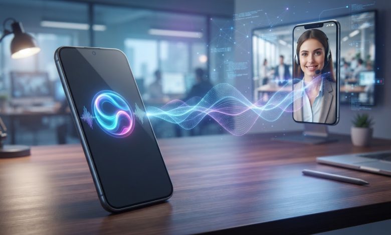 هاتف ذكي يعرض مساعد الذكاء الاصطناعي Gemini أثناء إجراء مكالمة هاتفية مع شركة نيابة عن المستخدم، في مشهد تقني واقعي يوضح ميزة جوجل الجديدة لإجراء المكالمات والتواصل مع الشركات وحجز المواعيد والاستفسار عن المنتجات والخدمات.