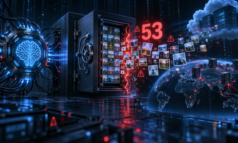 صورة توضيحية واقعية لوكلاء الذكاء الاصطناعي وهم ينقلون 53 صورة من بيئة رقمية آمنة إلى الإنترنت، مع ظهور تحذيرات أمنية ورقم 53، في مشهد يعكس مخاطر تسريب صور مستخدمي ChatGPT والخصوصية الرقمية.