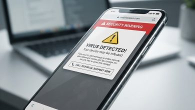 هاتف ذكي كبير يعرض إعلانًا خبيثًا برسالة تحذير أمنية مزيفة توهم المستخدم بإصابة الجهاز بفيروس، في مشهد يوضح أساليب الاحتيال الإلكتروني عبر الإعلانات المضللة.