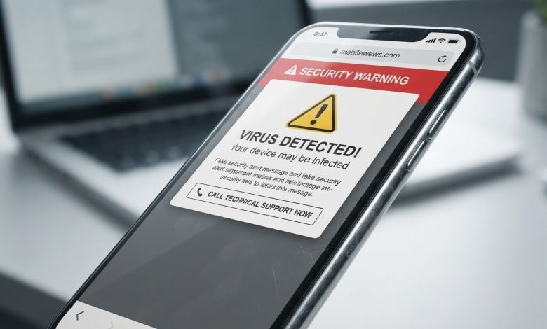 هاتف ذكي كبير يعرض إعلانًا خبيثًا برسالة تحذير أمنية مزيفة توهم المستخدم بإصابة الجهاز بفيروس، في مشهد يوضح أساليب الاحتيال الإلكتروني عبر الإعلانات المضللة.