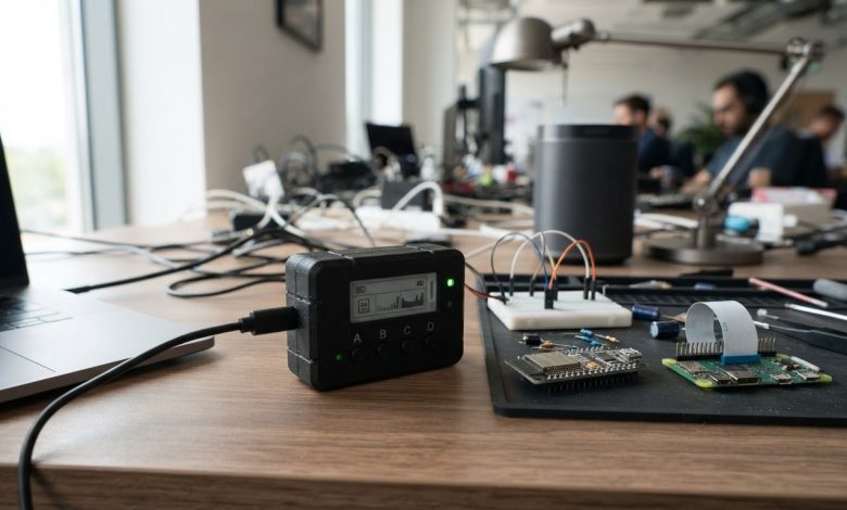 صورة واقعية لجهاز ذكي صغير ضمن مشروع Meta Muse Gadgets، مع شاشة حبر إلكتروني ولوحة Raspberry Pi ومكونات إلكترونية تُظهر فكرة تطوير أجهزة ذكاء اصطناعي مخصصة