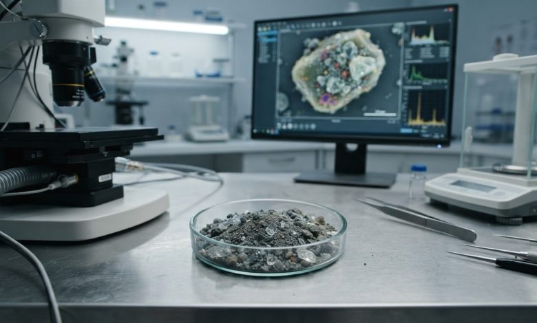 عينة من غبار القمر وحبيبات صخرية قمرية داخل مختبر علمي أثناء تحليل جزيئات حديد قد تكشف أسرار المجال المغناطيسي القديم للقمر.